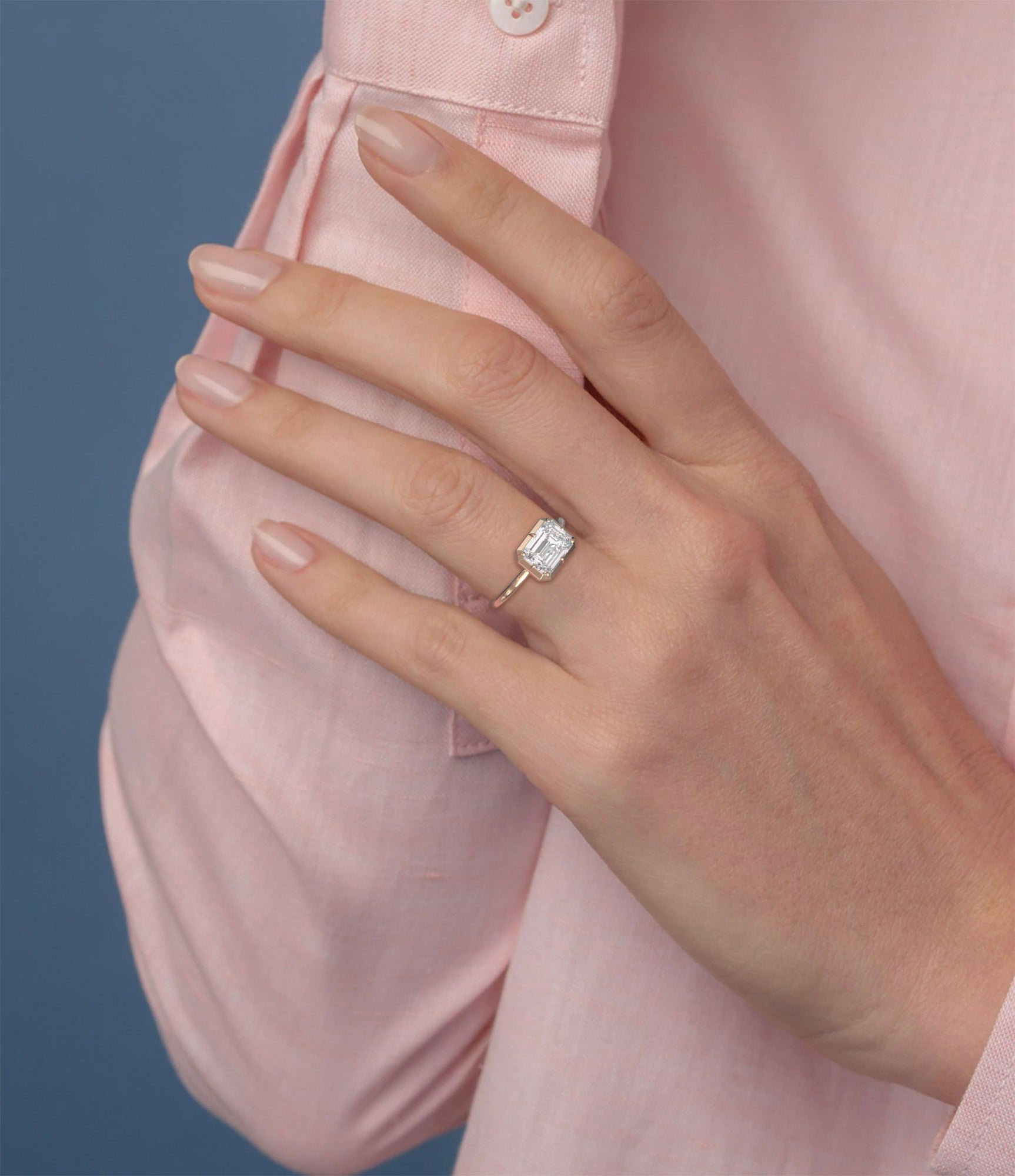 Button Back Ring Emerald Cut